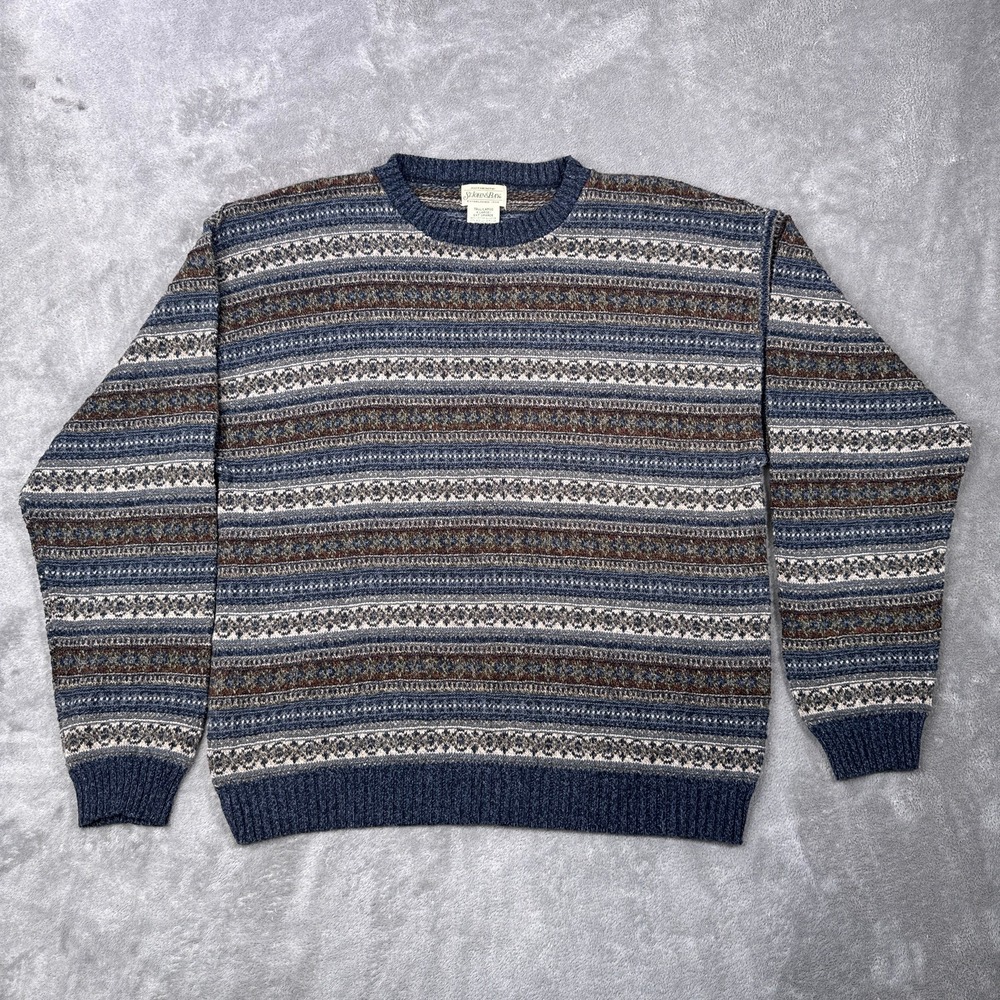St Johns Bay Sweater Mens XL Blue Vintage Fair Isle Made in USA Cotton Blend